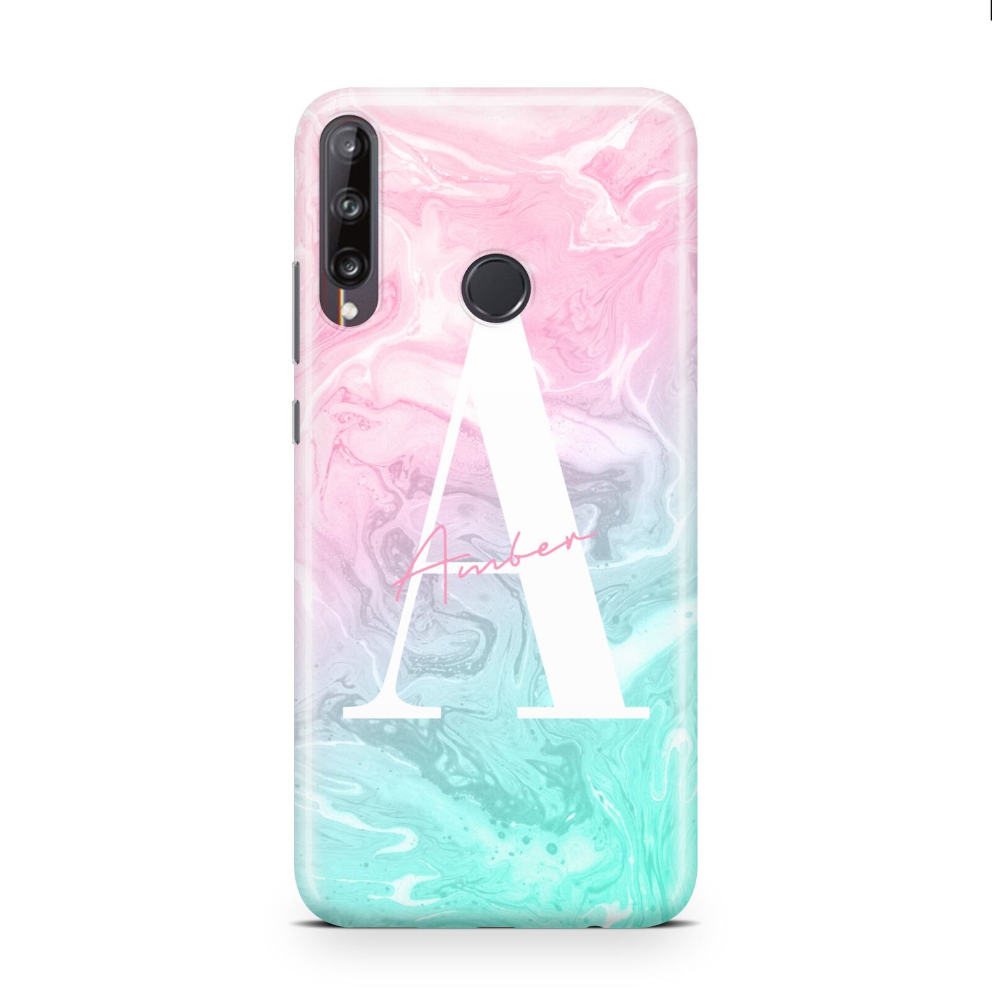 Monogrammed Pink Turquoise Pastel Marble Huawei P40 Lite E Phone Case