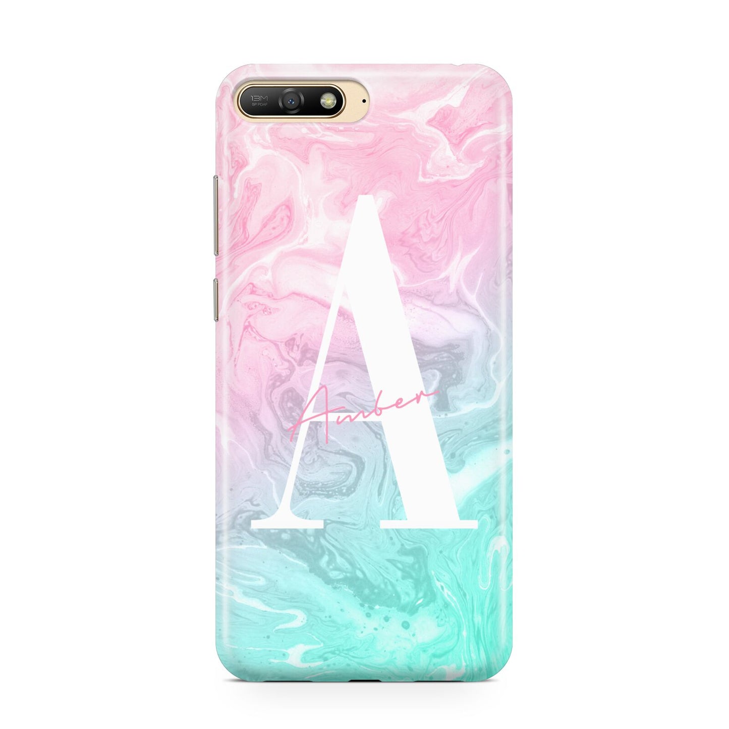 Monogrammed Pink Turquoise Pastel Marble Huawei Y6 2018