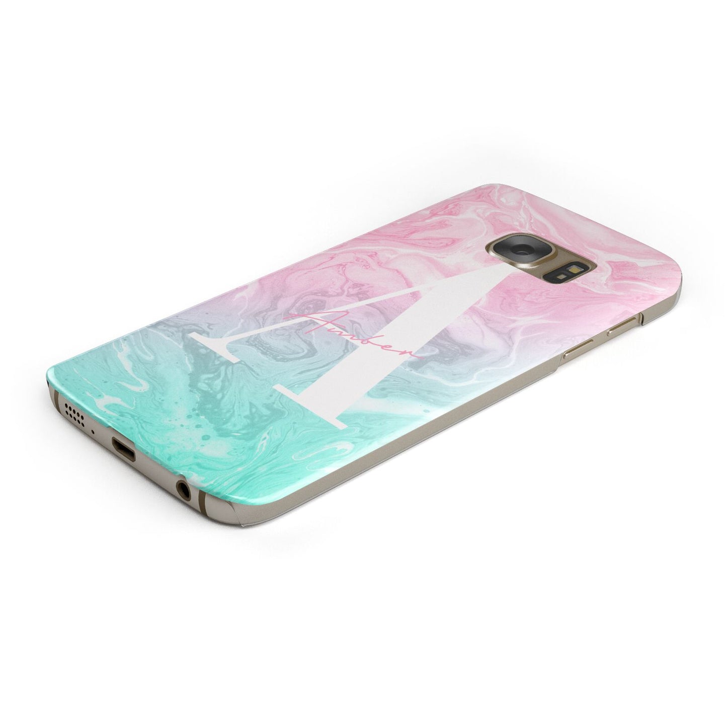 Monogrammed Pink Turquoise Pastel Marble Protective Samsung Galaxy Case Angled Image