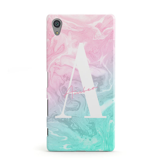 Monogrammed Pink Turquoise Pastel Marble Sony Xperia Case