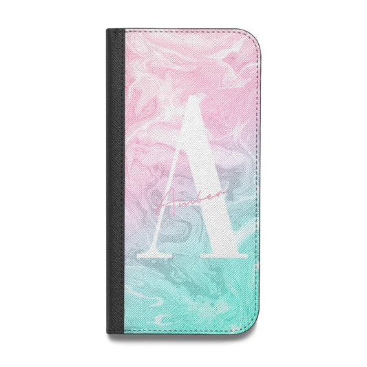 Monogrammed Pink Turquoise Pastel Marble Vegan Leather Flip iPhone Case