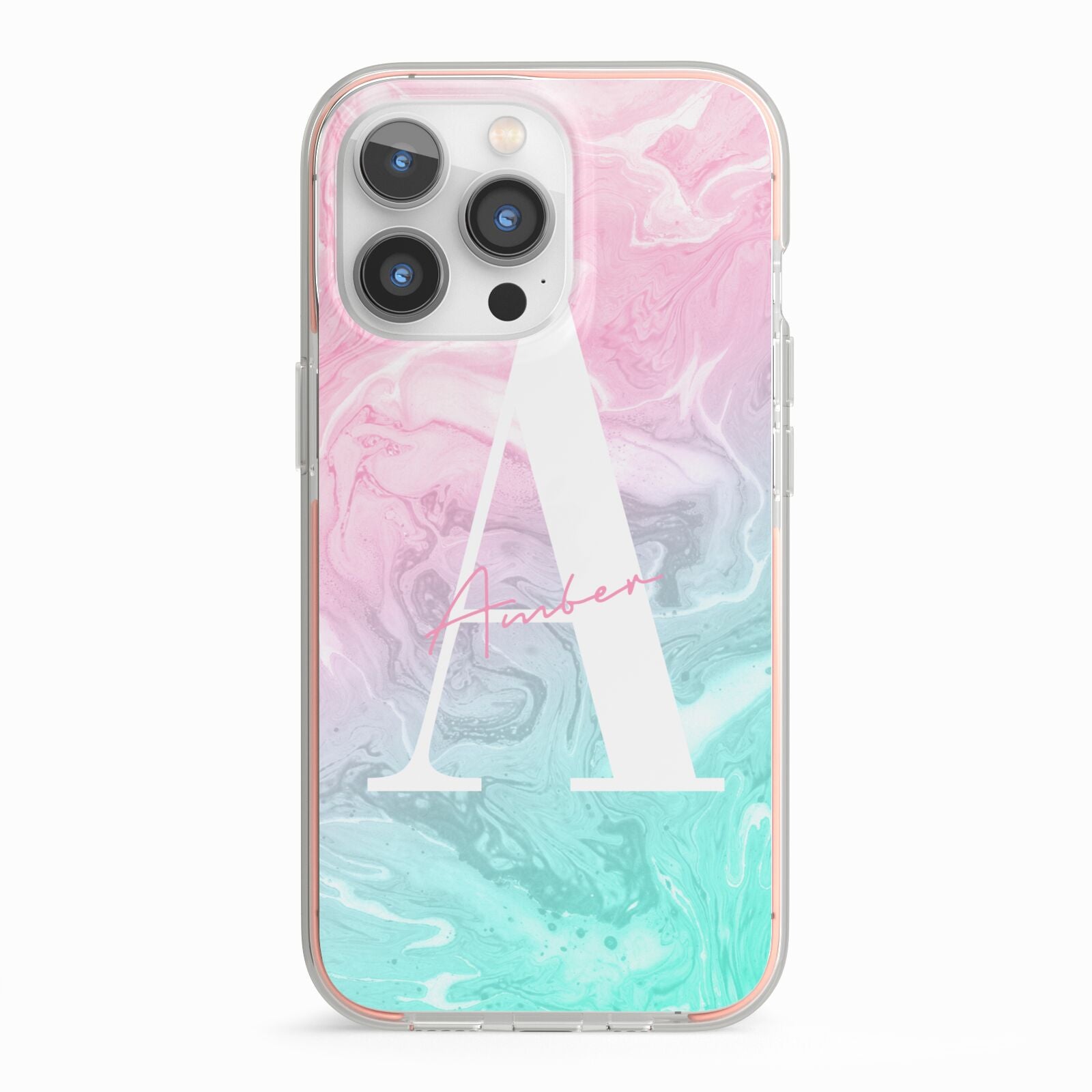 Monogrammed Pink Turquoise Pastel Marble iPhone 13 Pro TPU Impact Case with Pink Edges