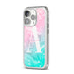 Monogrammed Pink Turquoise Pastel Marble iPhone 14 Pro Clear Tough Case Silver Angled Image
