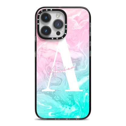 Monogrammed Pink Turquoise Pastel Marble iPhone 14 Pro Max Black Impact Case on Silver phone