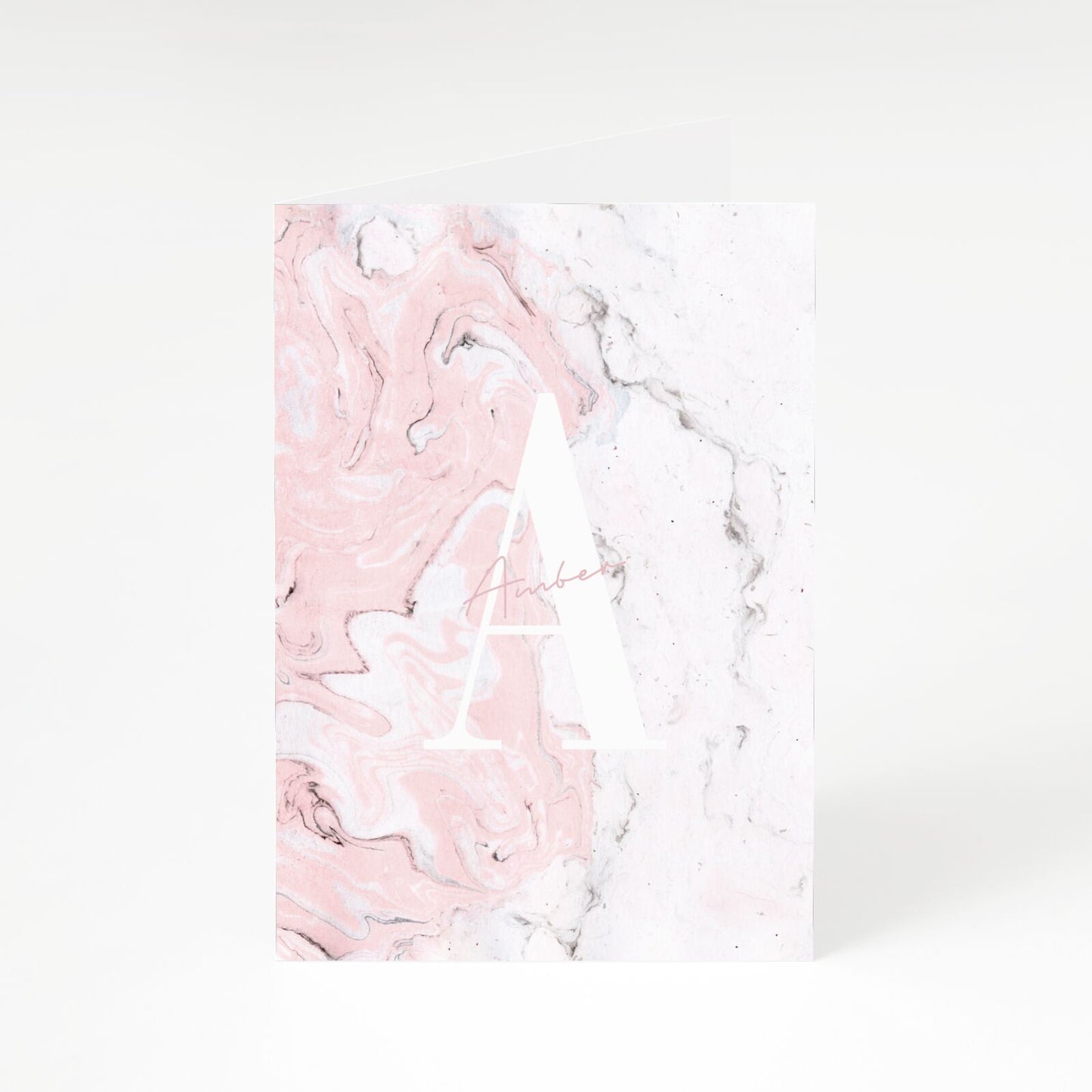 Monogrammed Pink White Ink Marble A5 Greetings Card