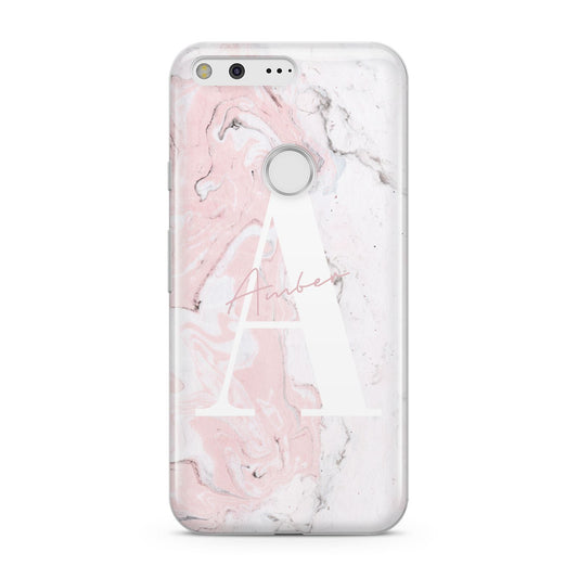 Monogrammed Pink White Ink Marble Google Pixel Case