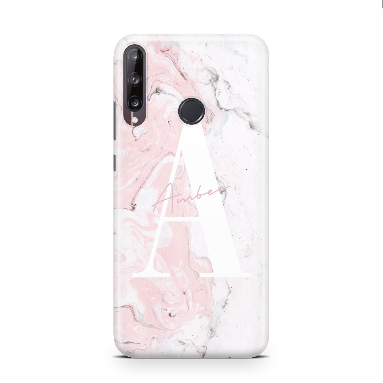 Monogrammed Pink White Ink Marble Huawei P40 Lite E Phone Case