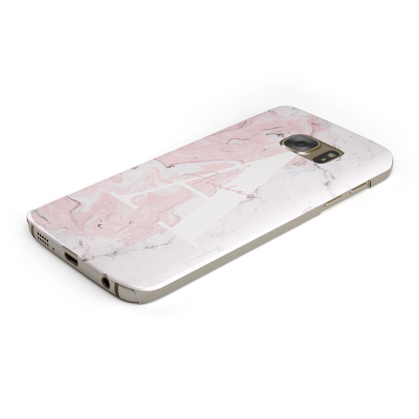 Monogrammed Pink White Ink Marble Protective Samsung Galaxy Case Angled Image