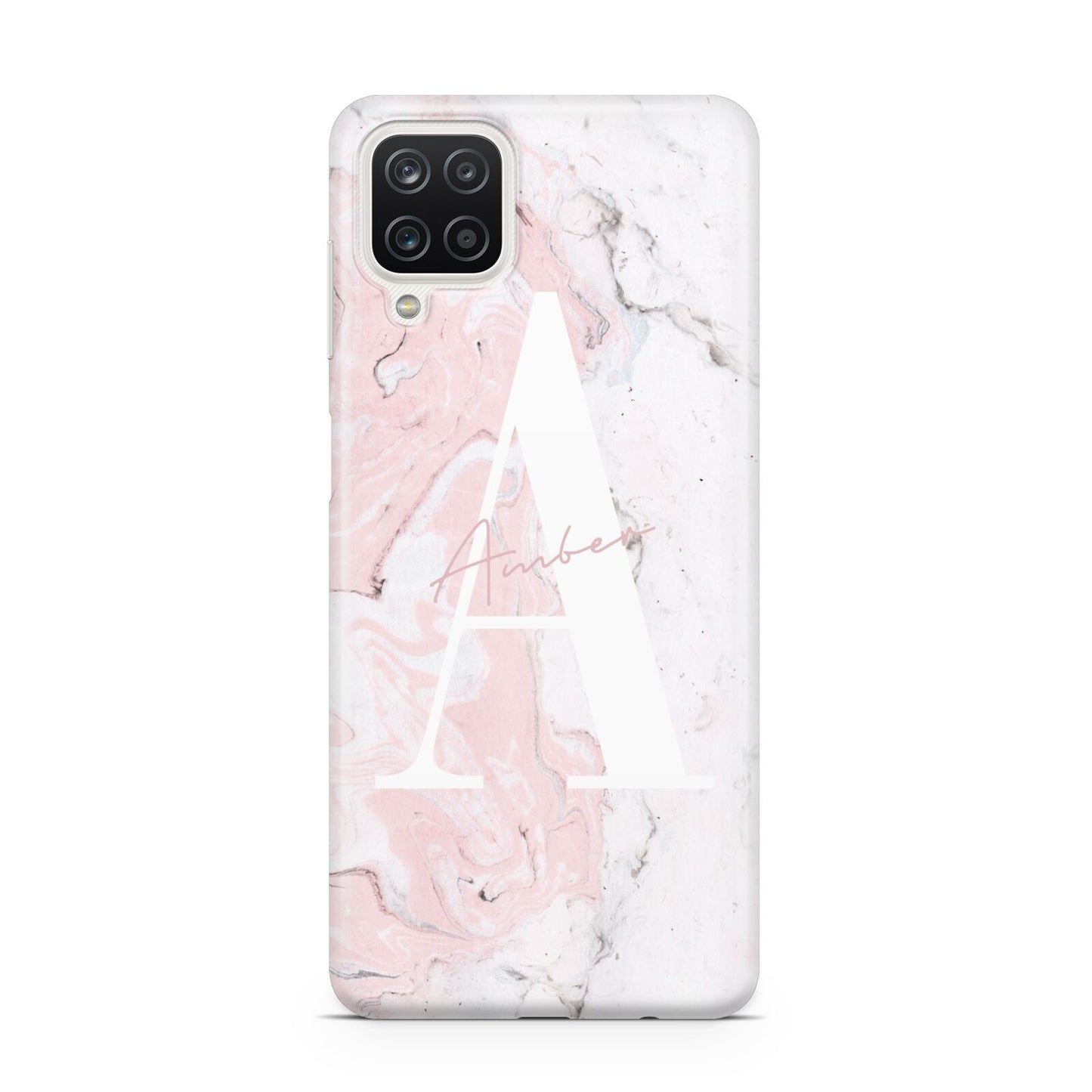 Monogrammed Pink White Ink Marble Samsung A12 Case