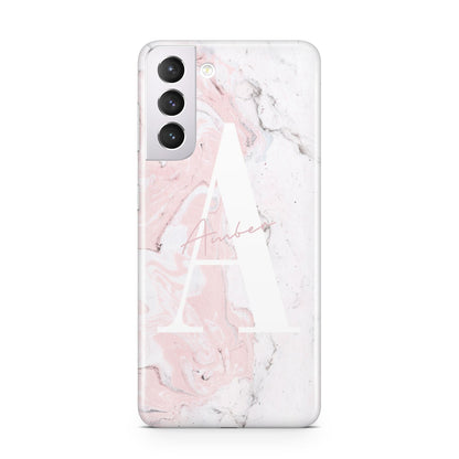 Monogrammed Pink White Ink Marble Samsung S21 Case