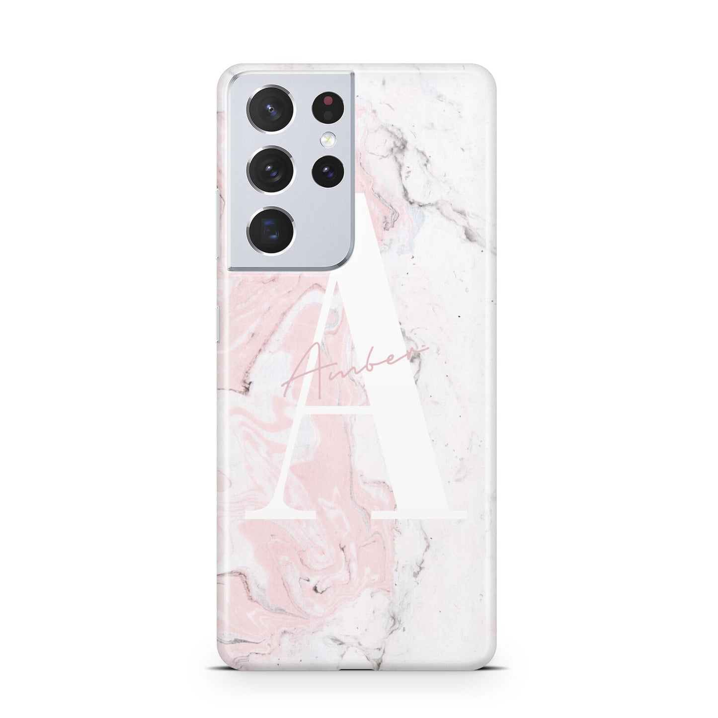 Monogrammed Pink White Ink Marble Samsung S21 Ultra Case