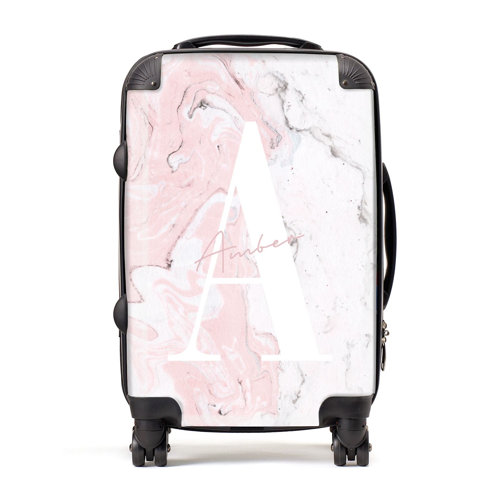 Monogrammed Pink White Ink Marble Suitcase