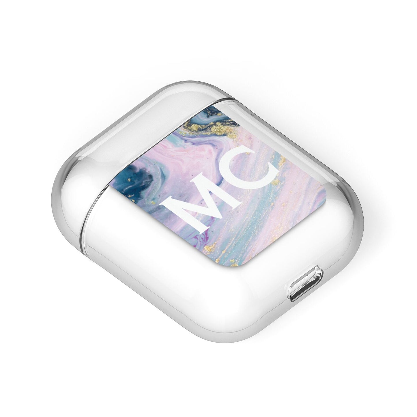 Monogrammed Purple Gold Glitter Marble AirPods Case Laid Flat