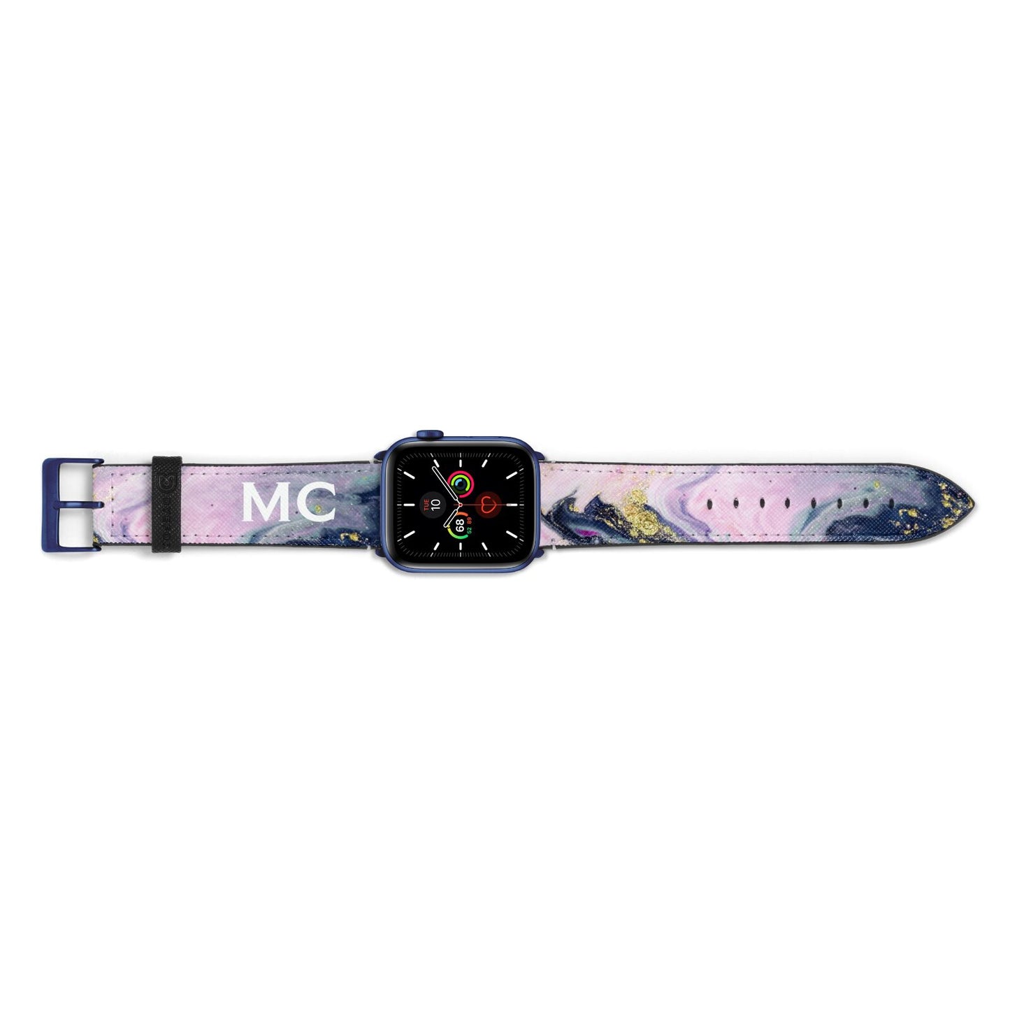 Monogrammed Purple Gold Glitter Marble Apple Watch Strap Landscape Image Blue Hardware