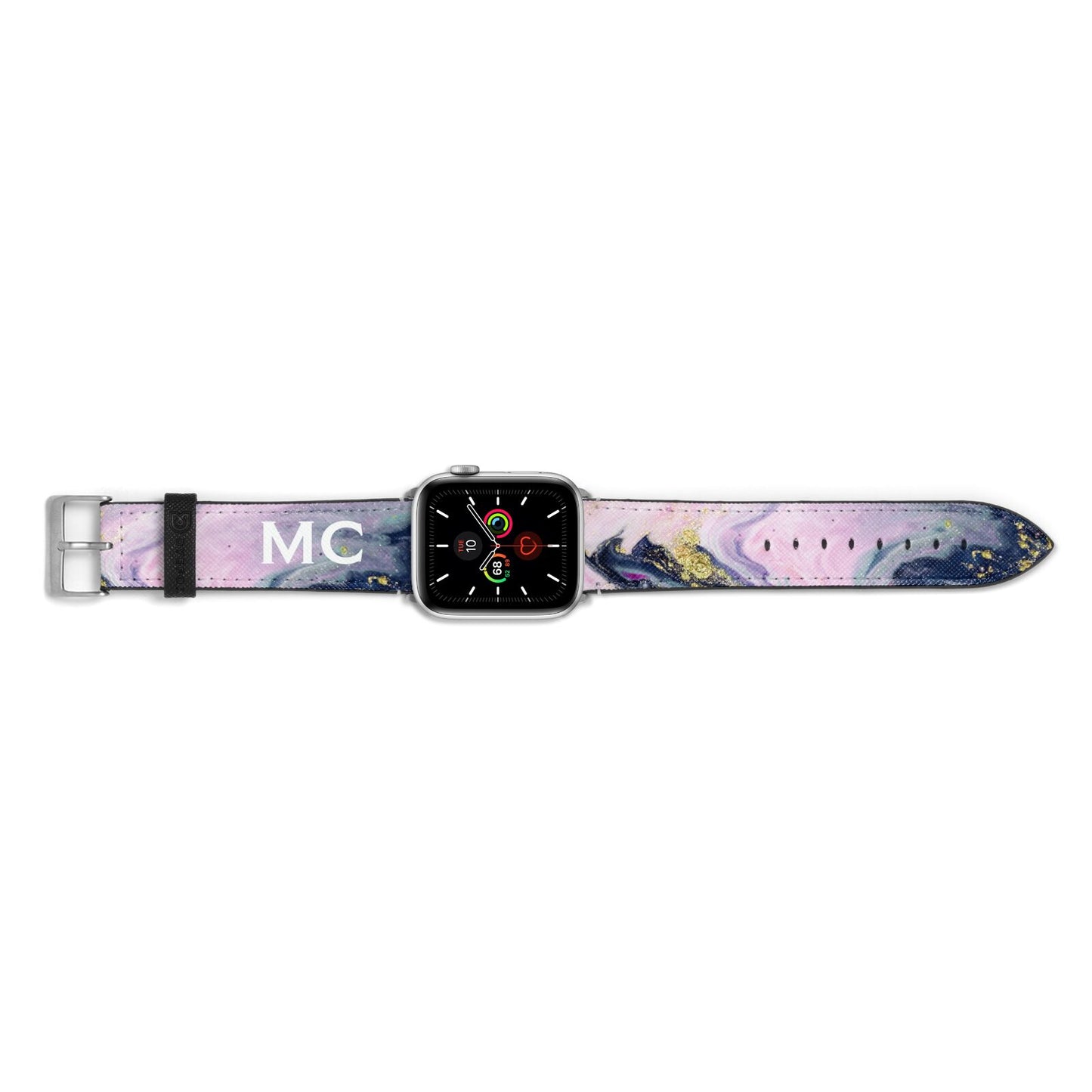 Monogrammed Purple Gold Glitter Marble Apple Watch Strap Landscape Image Silver Hardware