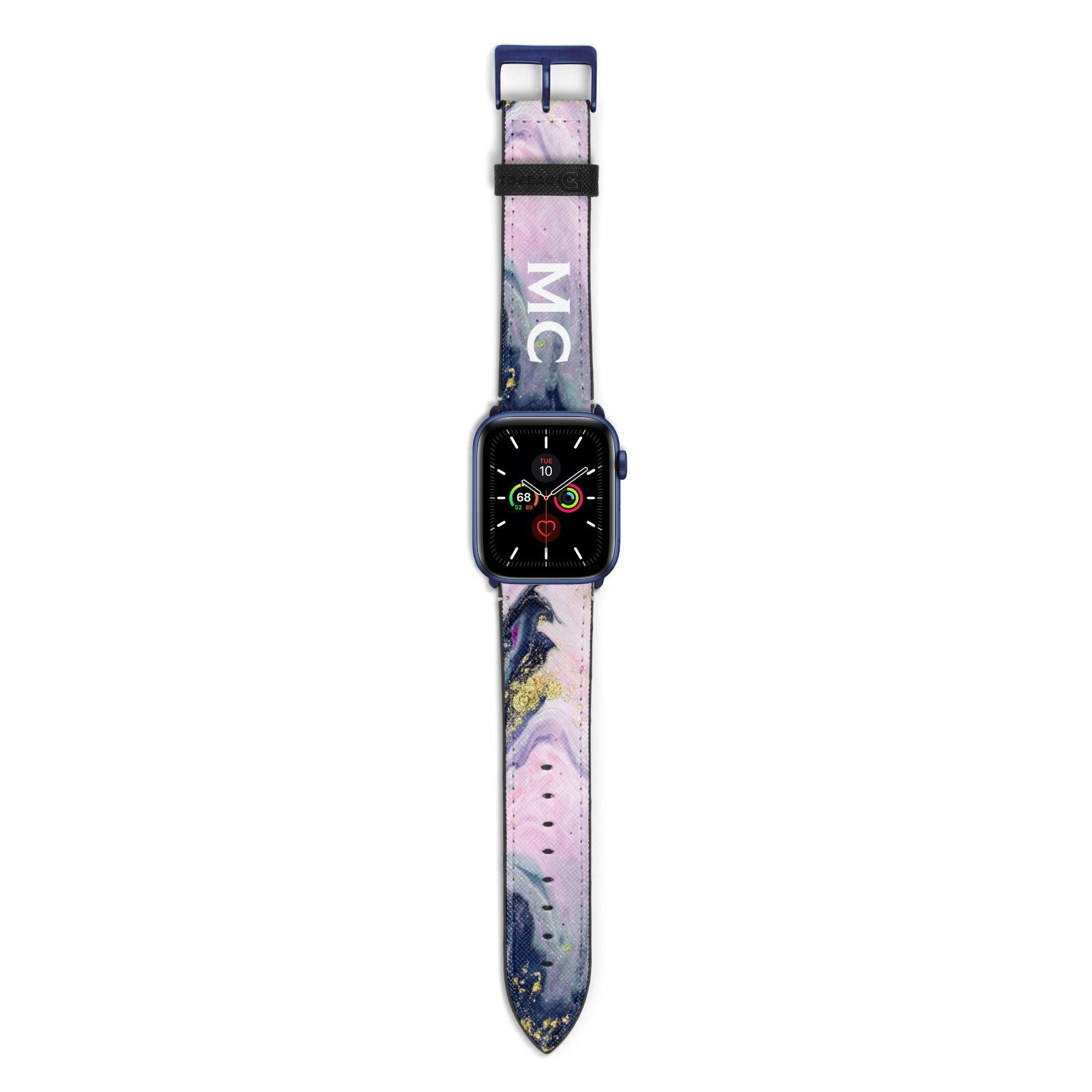 Monogrammed Purple Gold Glitter Marble Apple Watch Strap with Blue Hardware
