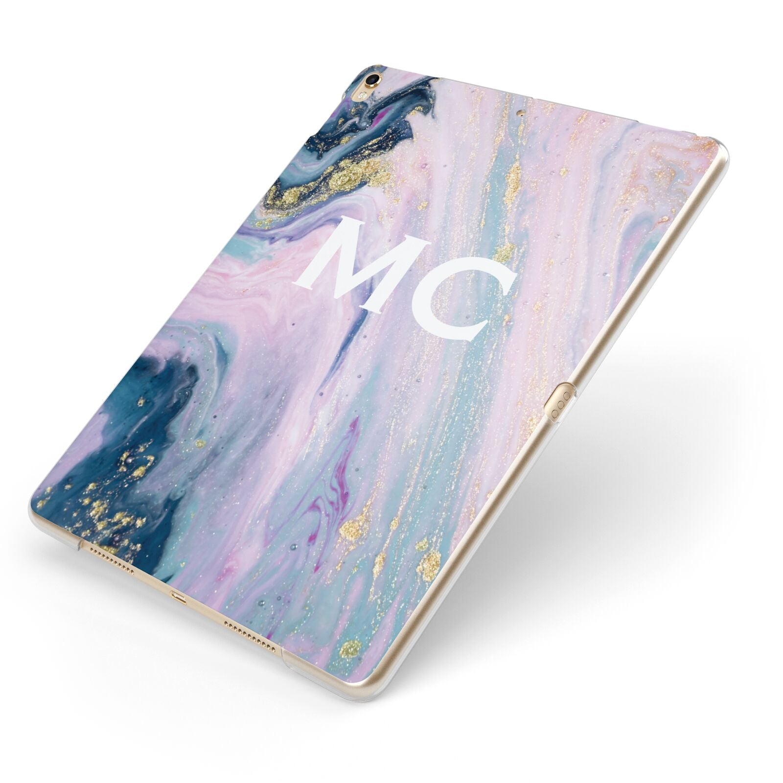 Monogrammed Purple Gold Glitter Marble Apple iPad Case on Gold iPad Side View