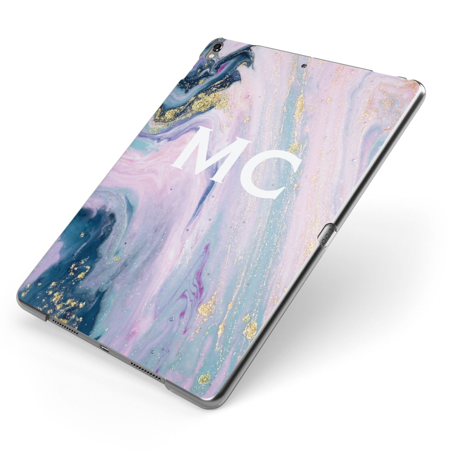 Monogrammed Purple Gold Glitter Marble Apple iPad Case on Grey iPad Side View