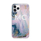 Monogrammed Purple Gold Glitter Marble Apple iPhone 11 Pro in Silver with Bumper Case