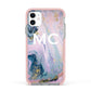 Monogrammed Purple Gold Glitter Marble Apple iPhone 11 in White with Pink Impact Case