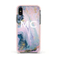 Monogrammed Purple Gold Glitter Marble Apple iPhone Xs Impact Case Pink Edge on Black Phone