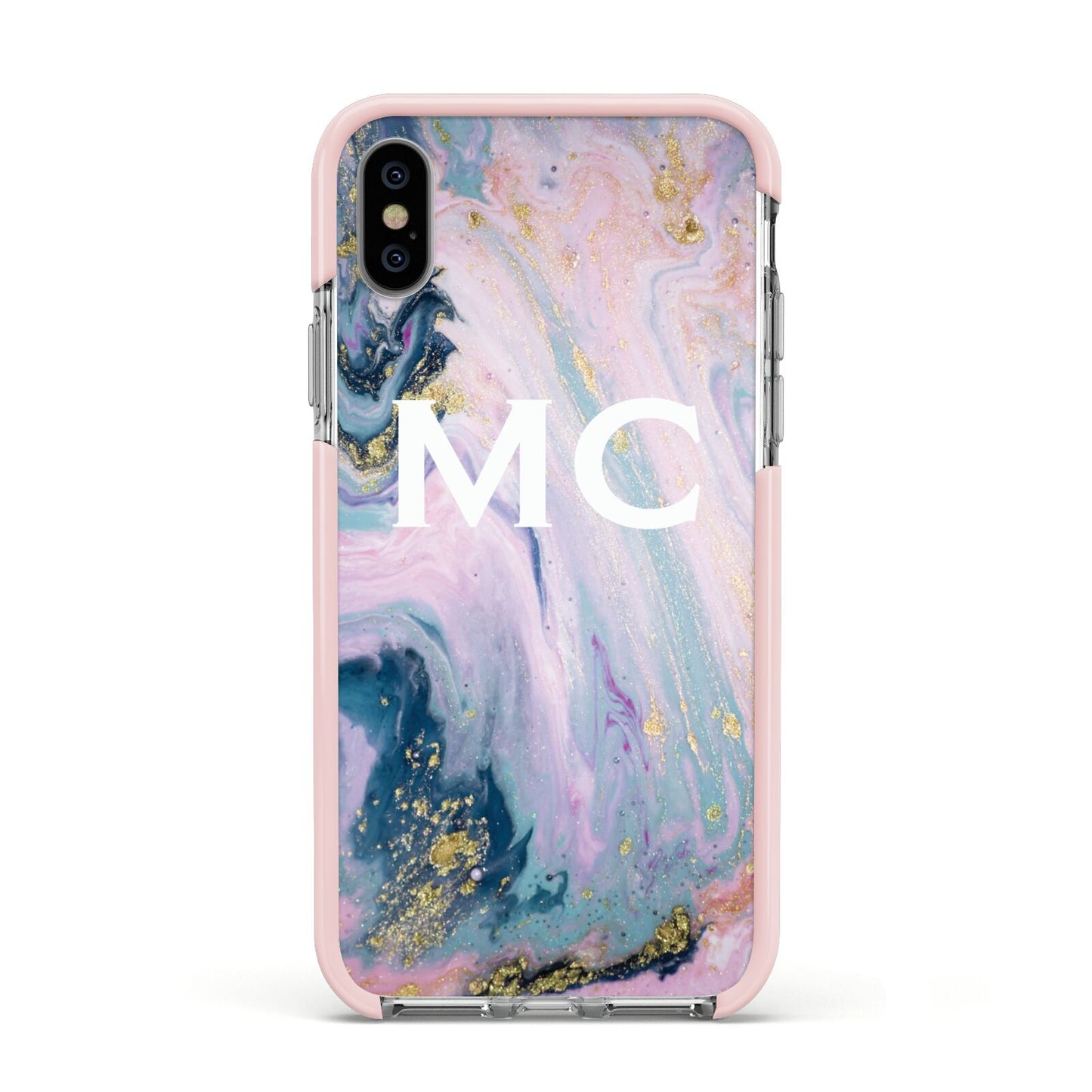Monogrammed Purple Gold Glitter Marble Apple iPhone Xs Impact Case Pink Edge on Silver Phone