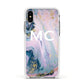 Monogrammed Purple Gold Glitter Marble Apple iPhone Xs Impact Case White Edge on Silver Phone