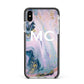 Monogrammed Purple Gold Glitter Marble Apple iPhone Xs Max Impact Case Black Edge on Silver Phone