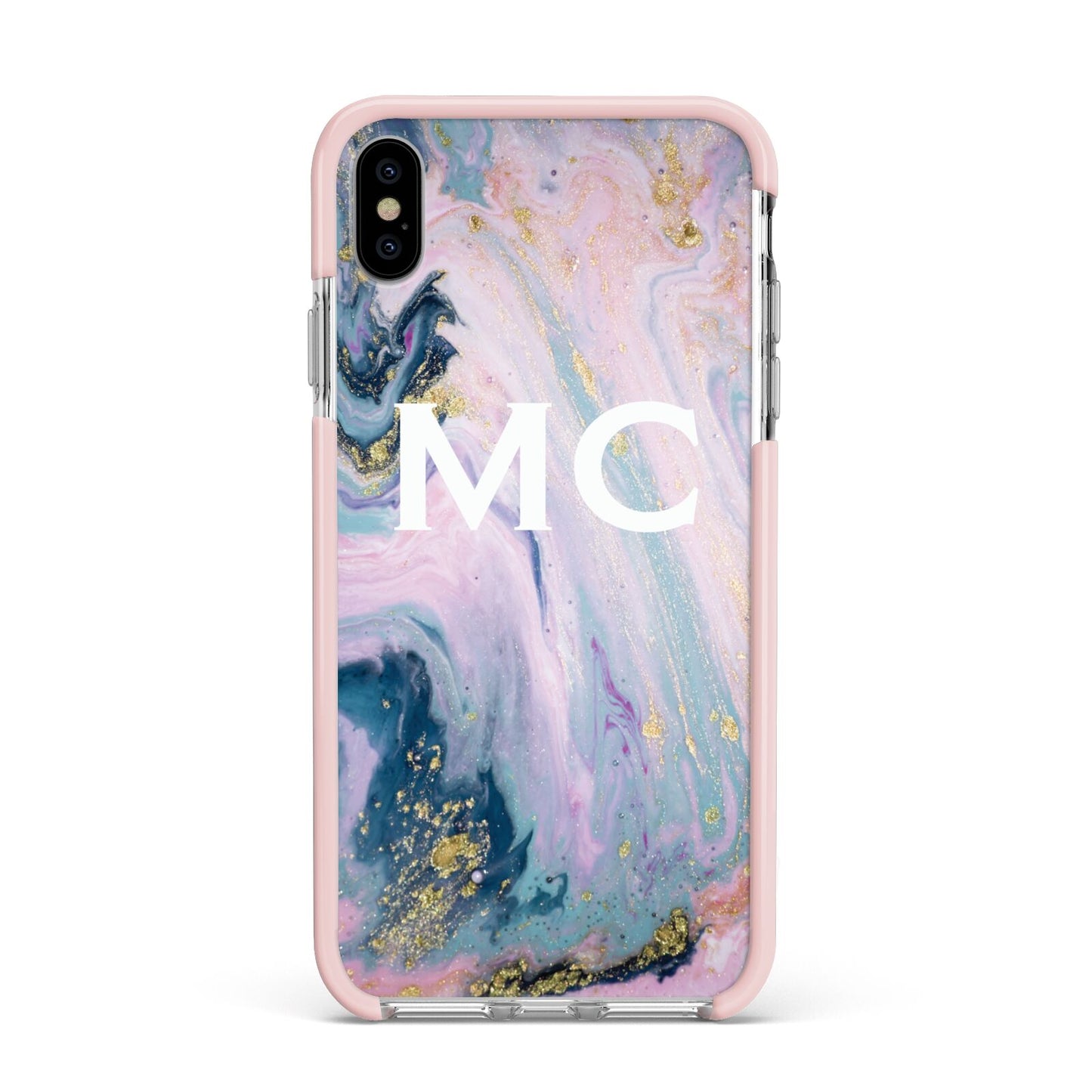 Monogrammed Purple Gold Glitter Marble Apple iPhone Xs Max Impact Case Pink Edge on Silver Phone