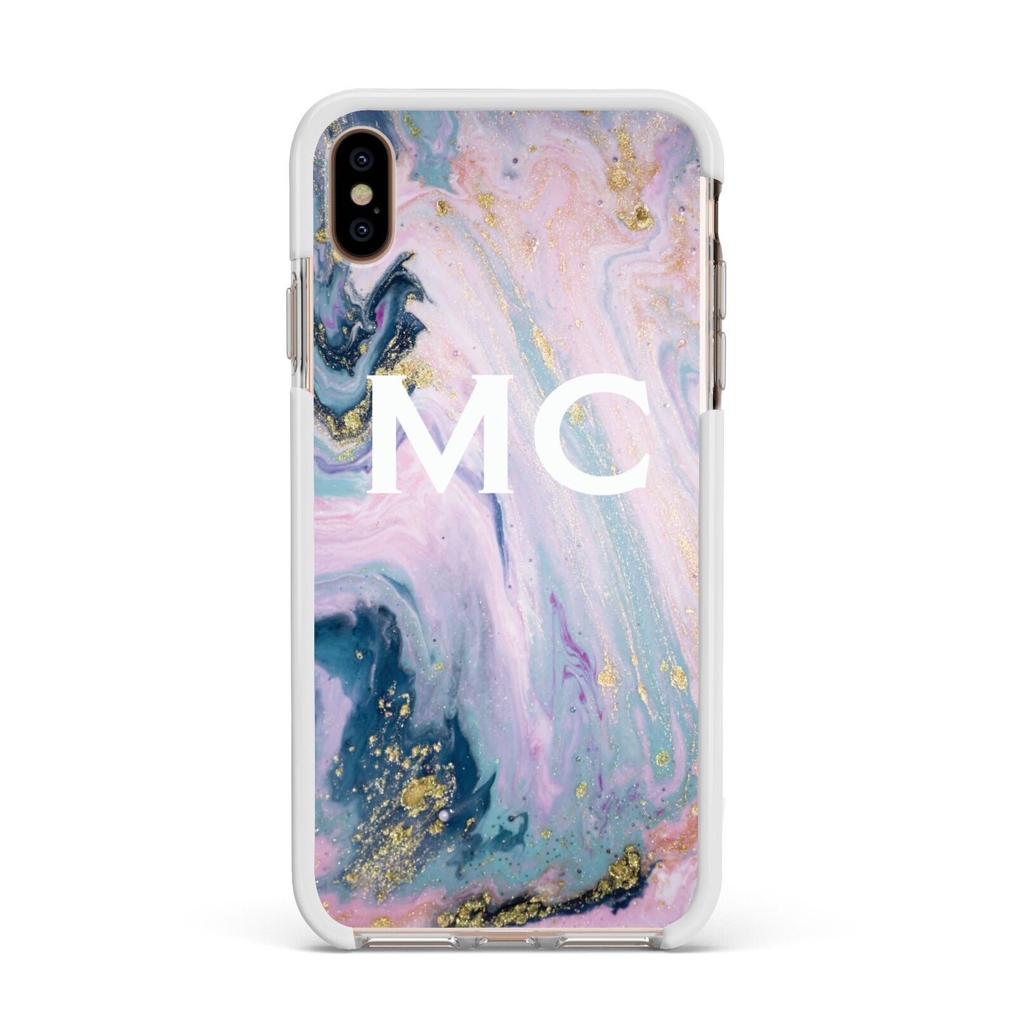 Monogrammed Purple Gold Glitter Marble Apple iPhone Xs Max Impact Case White Edge on Gold Phone