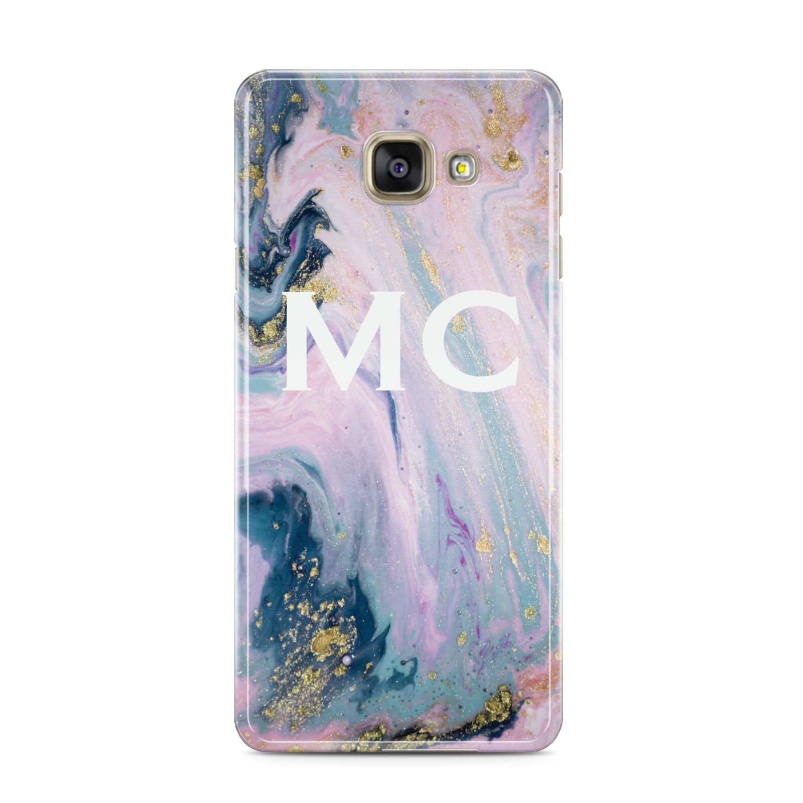 Monogrammed Purple Gold Glitter Marble Samsung Galaxy A3 2016 Case on gold phone