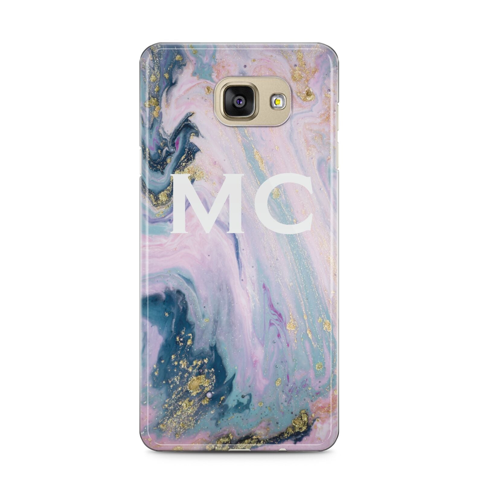 Monogrammed Purple Gold Glitter Marble Samsung Galaxy A5 2016 Case on gold phone