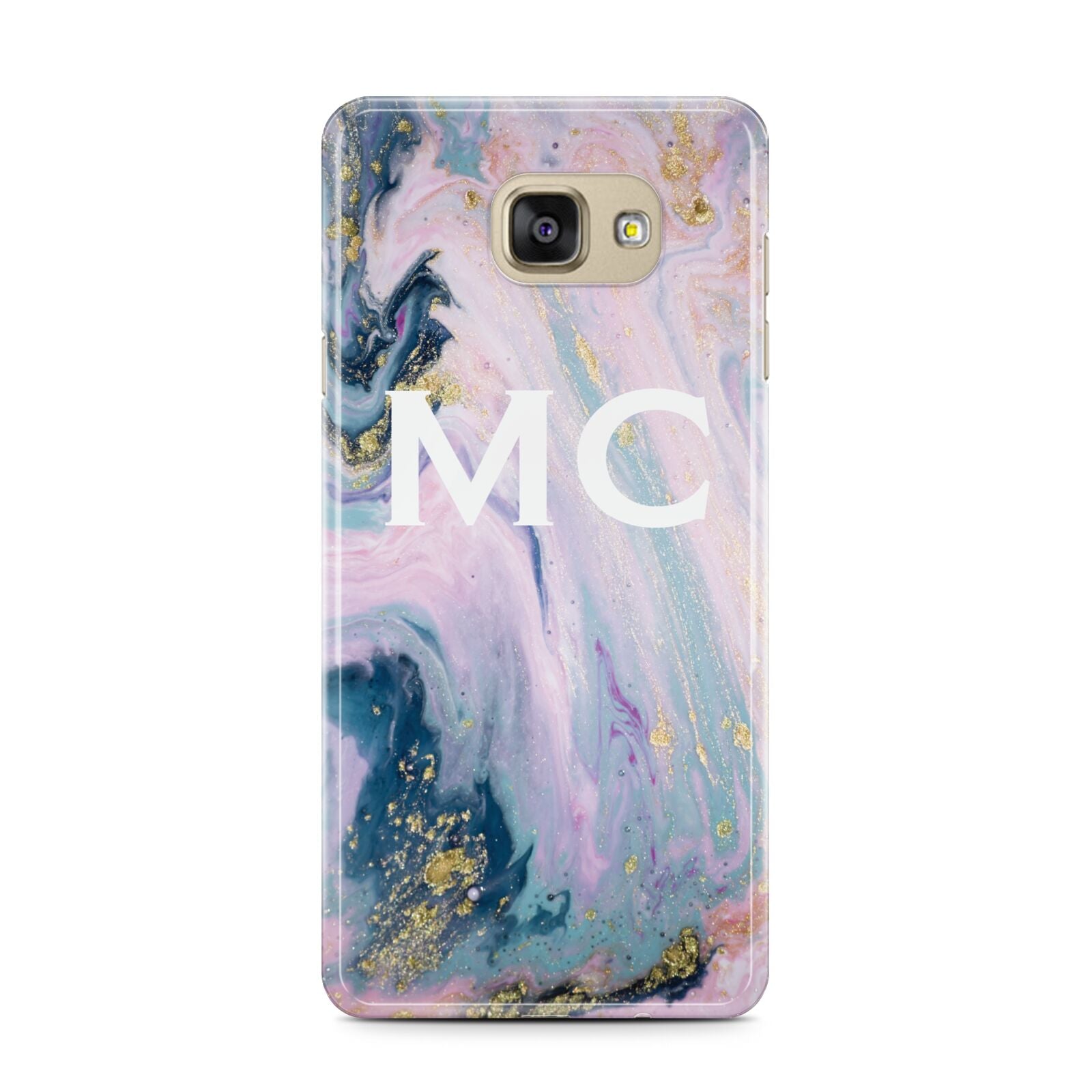 Monogrammed Purple Gold Glitter Marble Samsung Galaxy A7 2016 Case on gold phone