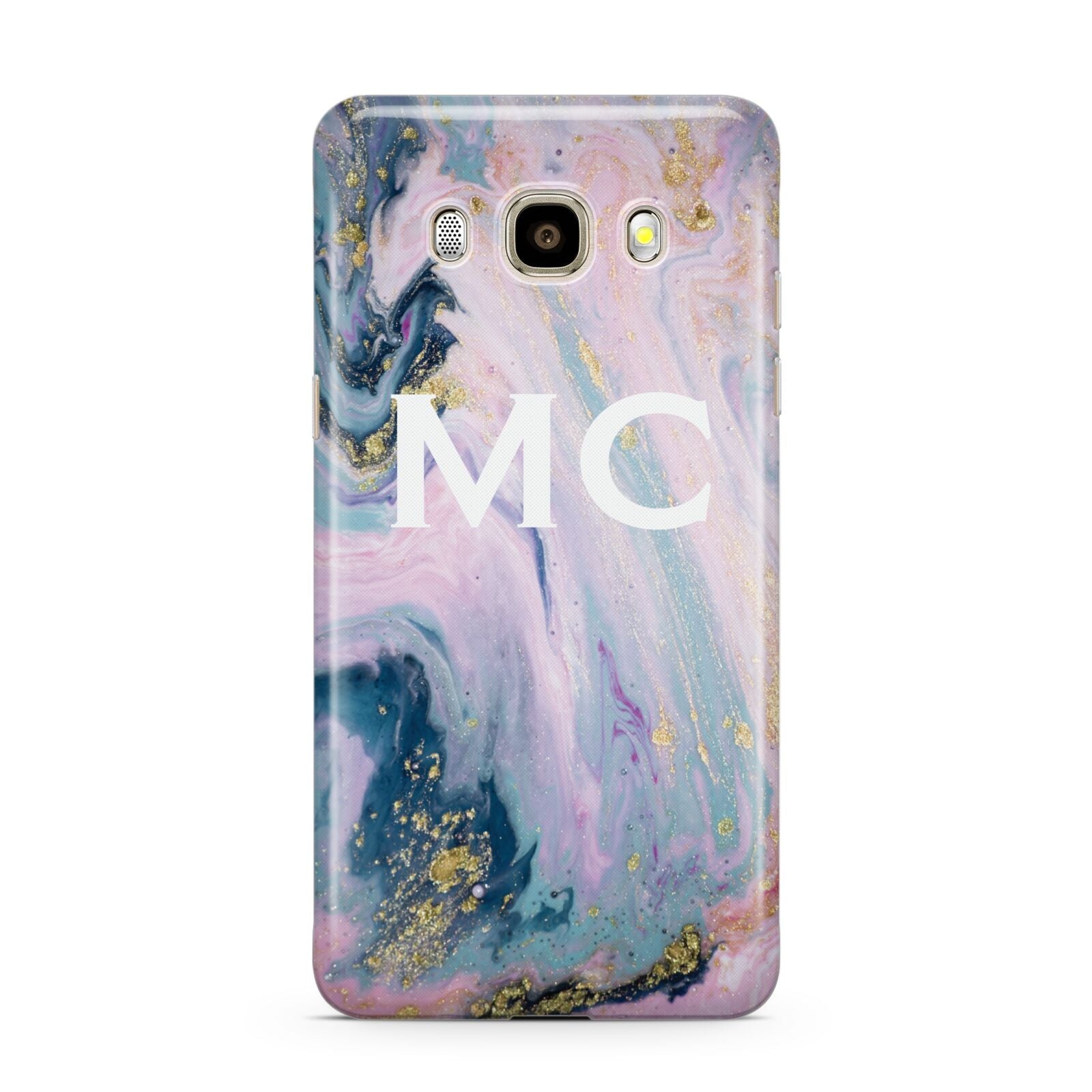 Monogrammed Purple Gold Glitter Marble Samsung Galaxy J7 2016 Case on gold phone