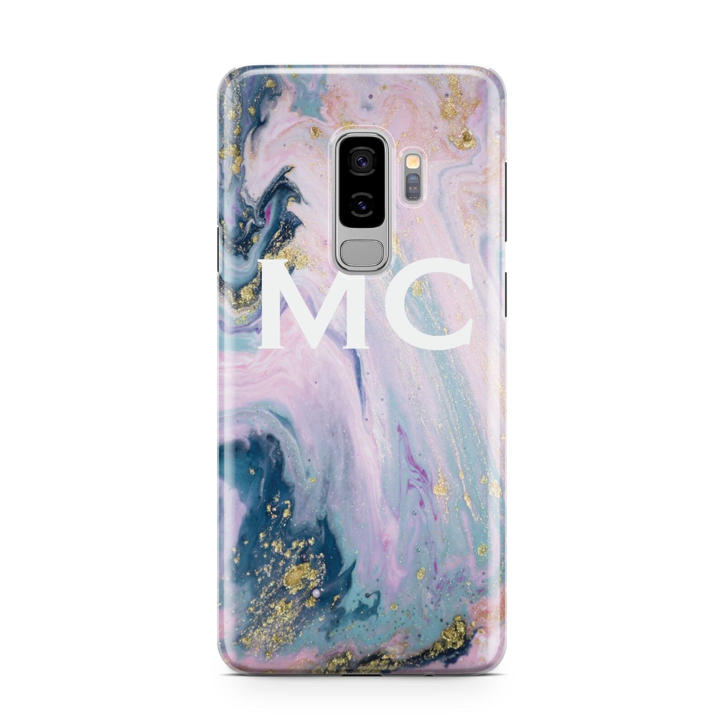 Monogrammed Purple Gold Glitter Marble Samsung Galaxy S9 Plus Case on Silver phone