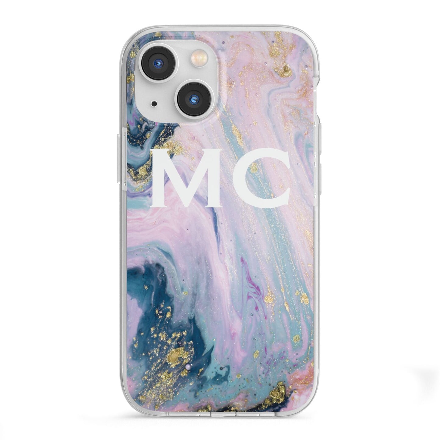 Monogrammed Purple Gold Glitter Marble iPhone 13 Mini TPU Impact Case with White Edges