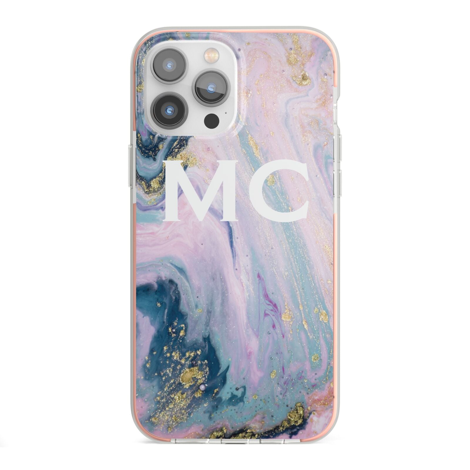 Monogrammed Purple Gold Glitter Marble iPhone 13 Pro Max TPU Impact Case with Pink Edges