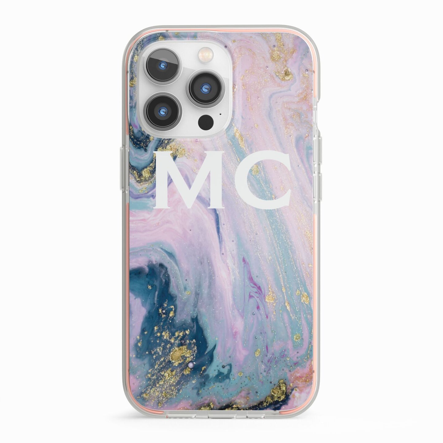 Monogrammed Purple Gold Glitter Marble iPhone 13 Pro TPU Impact Case with Pink Edges