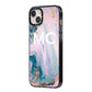 Monogrammed Purple Gold Glitter Marble iPhone 14 Plus Black Impact Case Side Angle on Silver phone