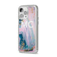 Monogrammed Purple Gold Glitter Marble iPhone 14 Pro Max Clear Tough Case Silver Angled Image