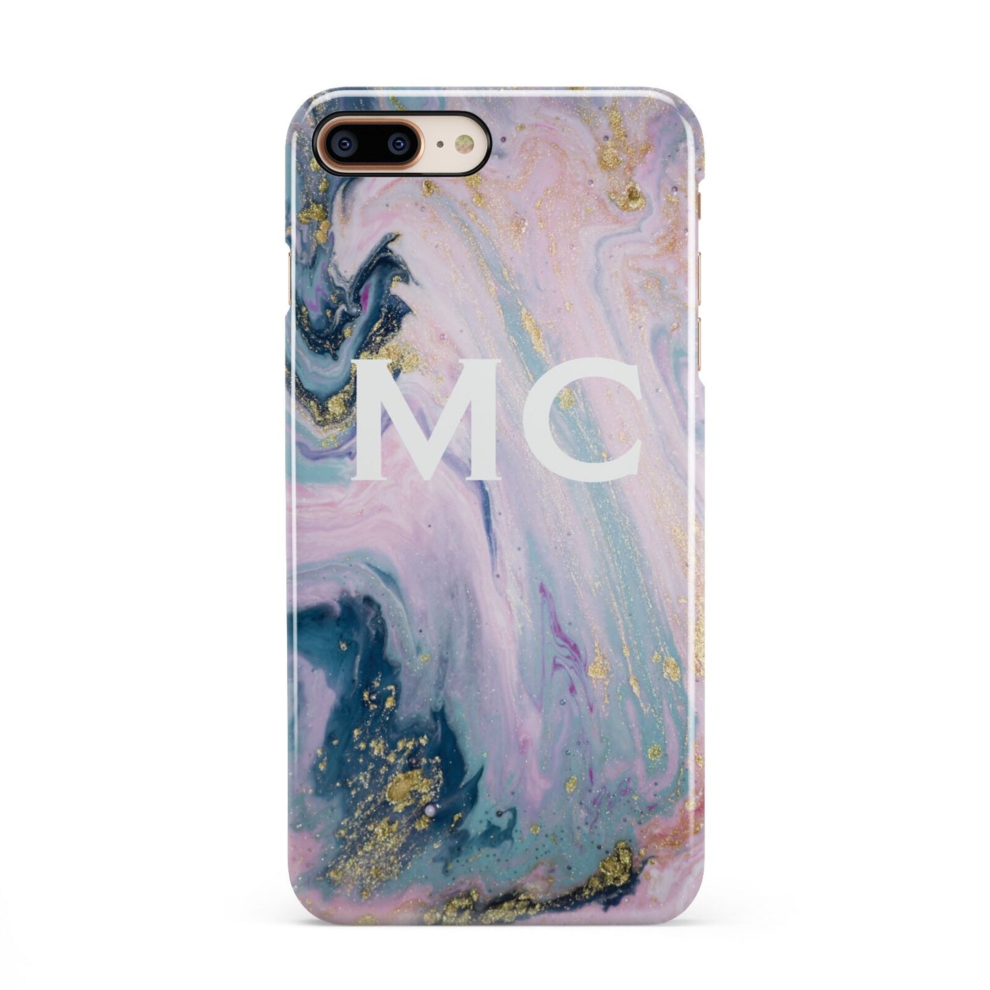 Monogrammed Purple Gold Glitter Marble iPhone 8 Plus 3D Snap Case on Gold Phone