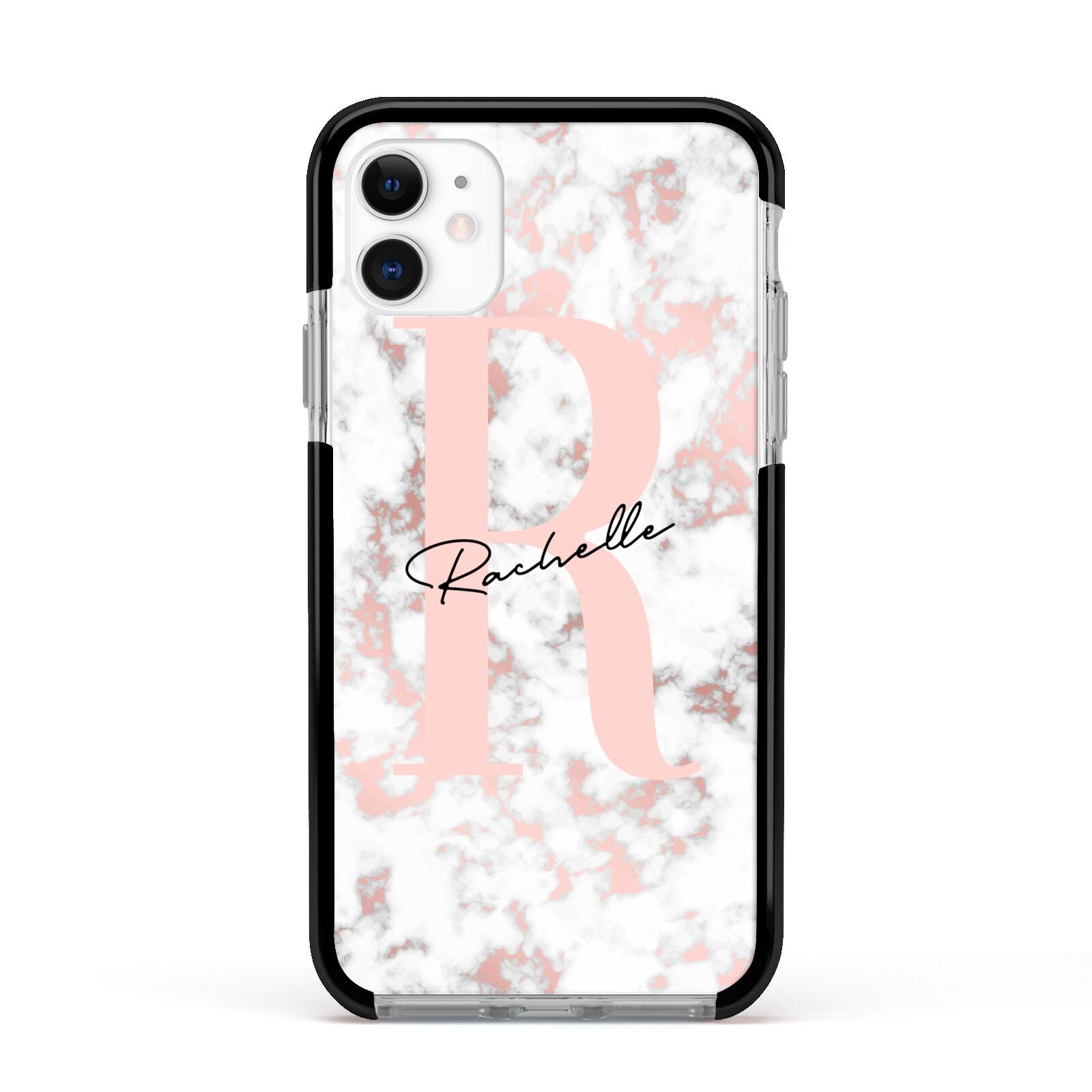 Monogrammed Rose Gold Marble Apple iPhone 11 in White with Black Impact Case