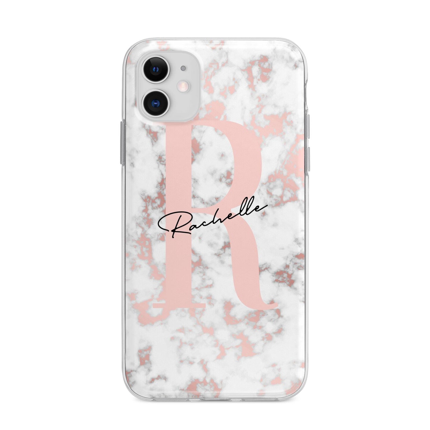 Monogrammed Rose Gold Marble Apple iPhone 11 in White with Bumper Case