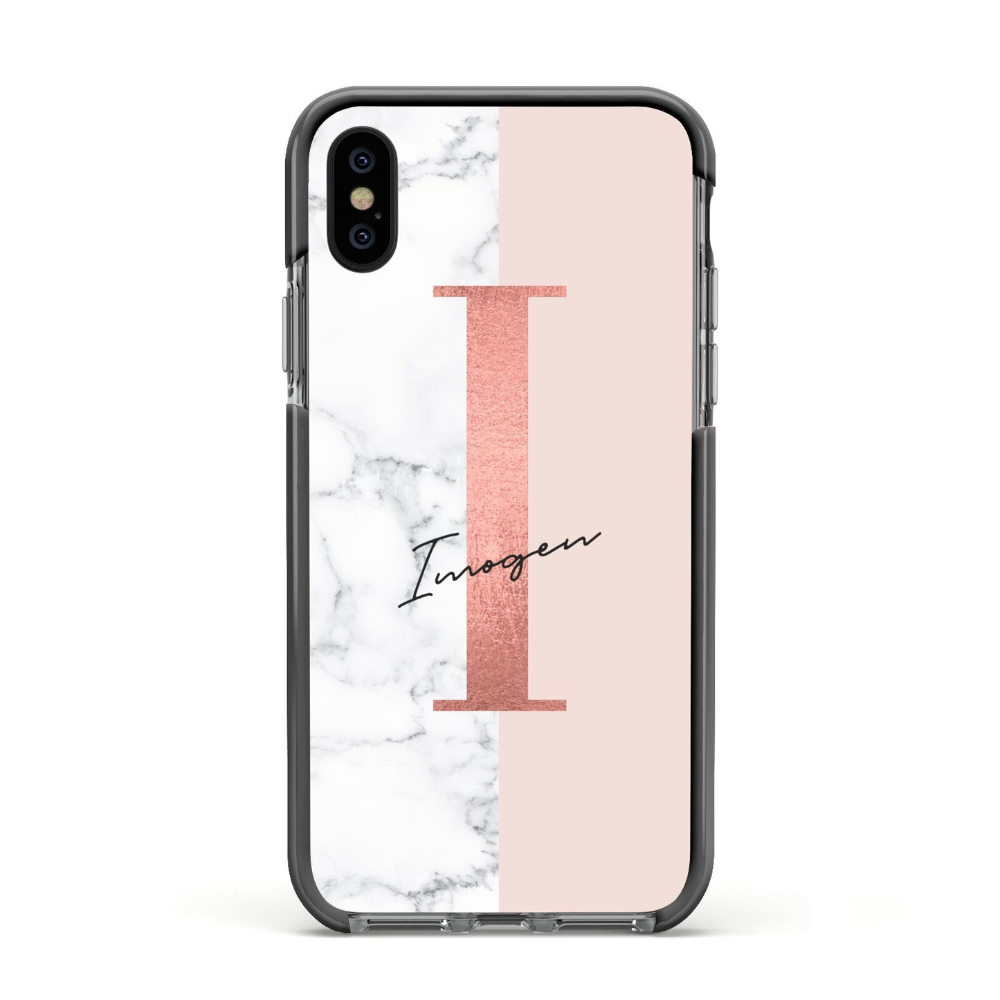 Monogrammed Rose Gold Marble Apple iPhone Xs Impact Case Black Edge on Black Phone