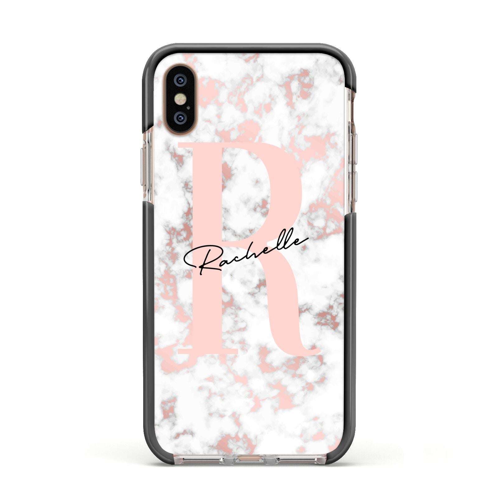 Monogrammed Rose Gold Marble Apple iPhone Xs Impact Case Black Edge on Gold Phone