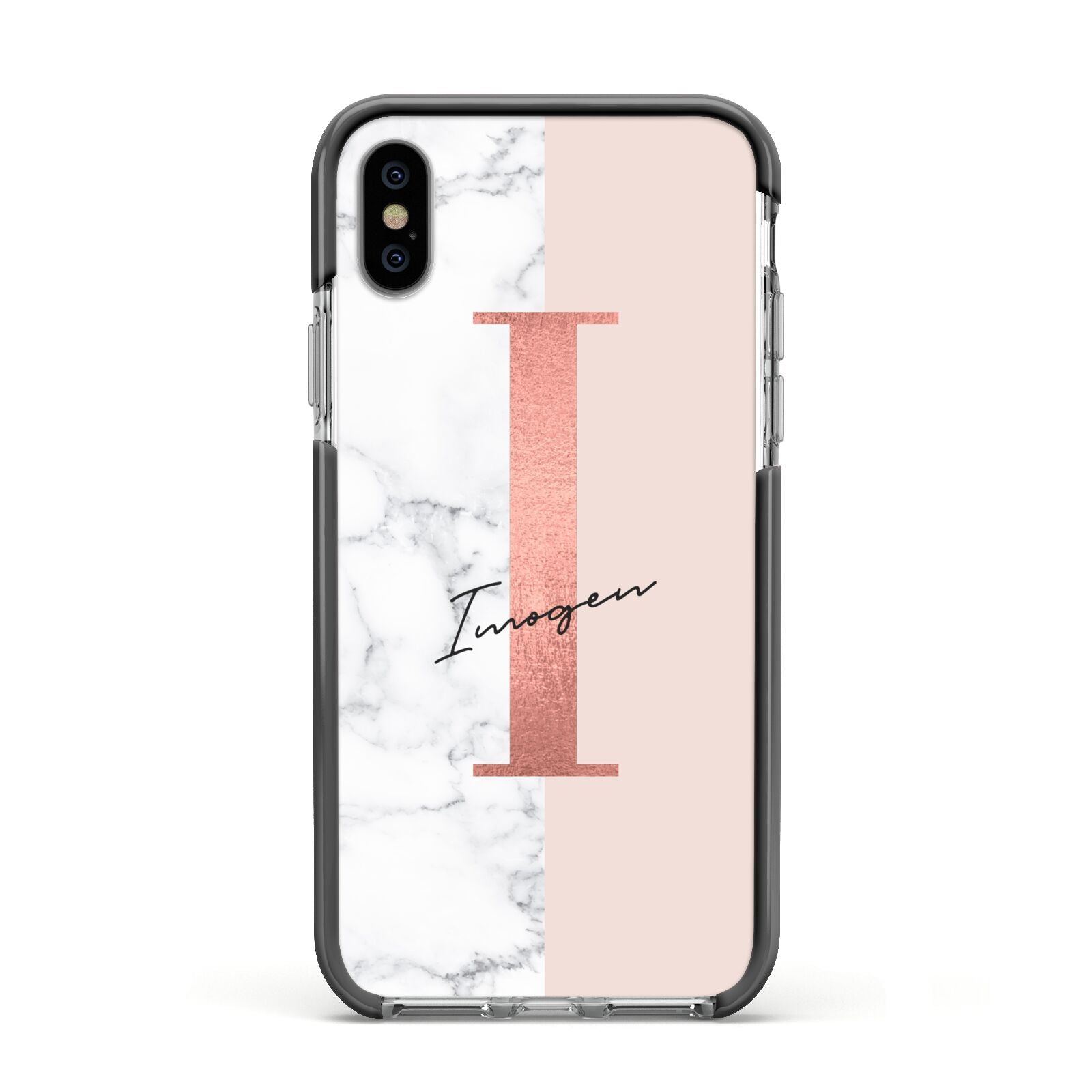 Monogrammed Rose Gold Marble Apple iPhone Xs Impact Case Black Edge on Silver Phone