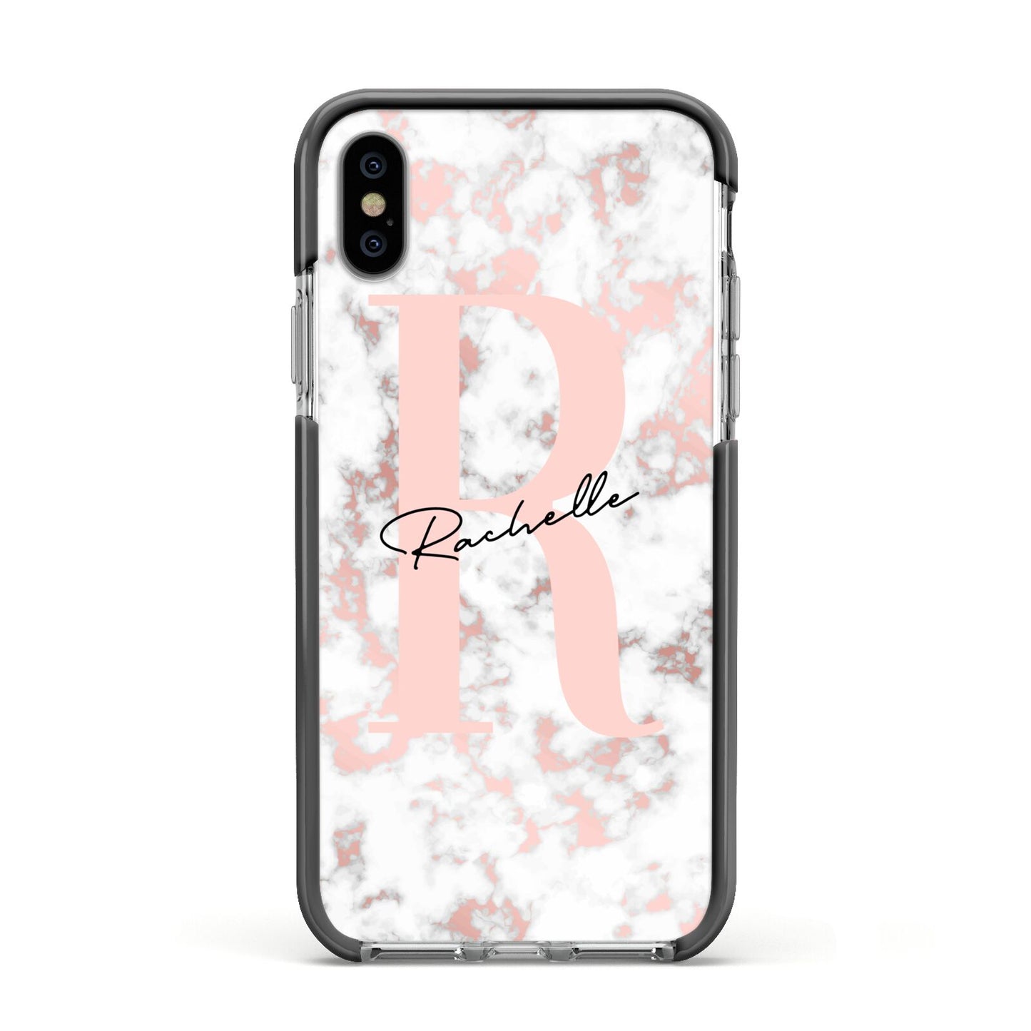 Monogrammed Rose Gold Marble Apple iPhone Xs Impact Case Black Edge on Silver Phone