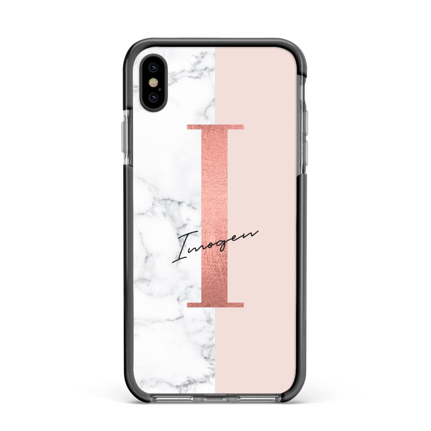 Monogrammed Rose Gold Marble Apple iPhone Xs Max Impact Case Black Edge on Black Phone