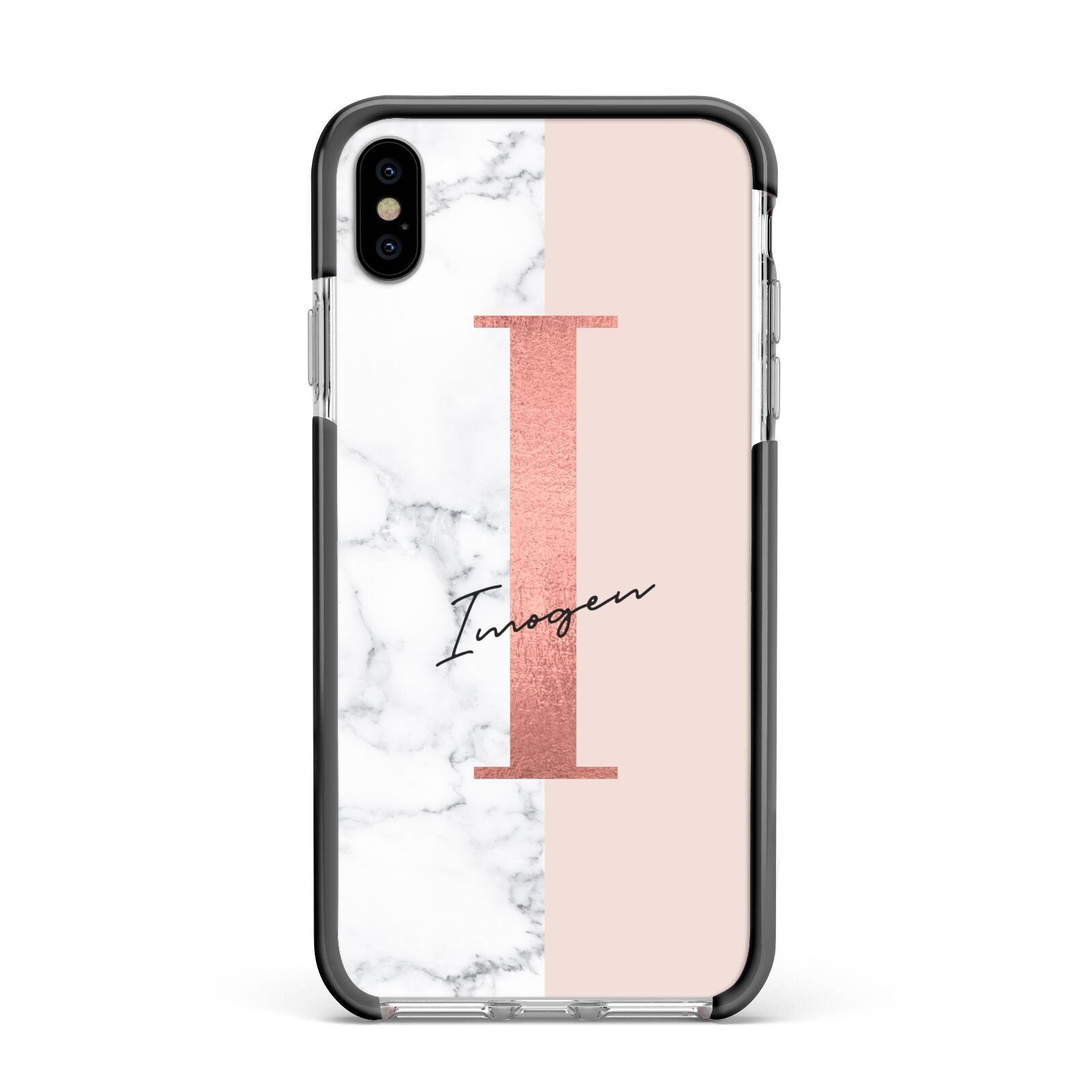 Monogrammed Rose Gold Marble Apple iPhone Xs Max Impact Case Black Edge on Silver Phone