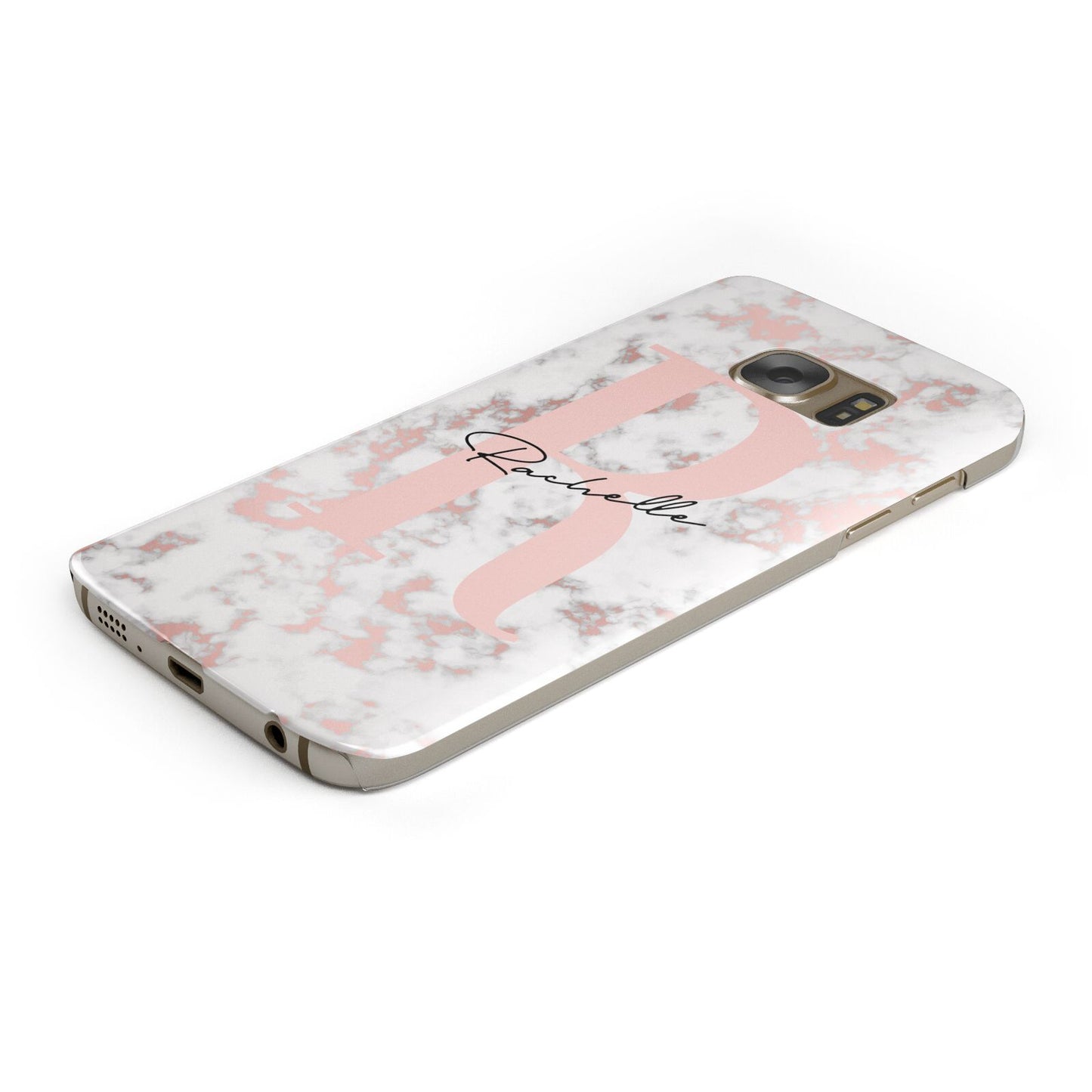 Monogrammed Rose Gold Marble Protective Samsung Galaxy Case Angled Image